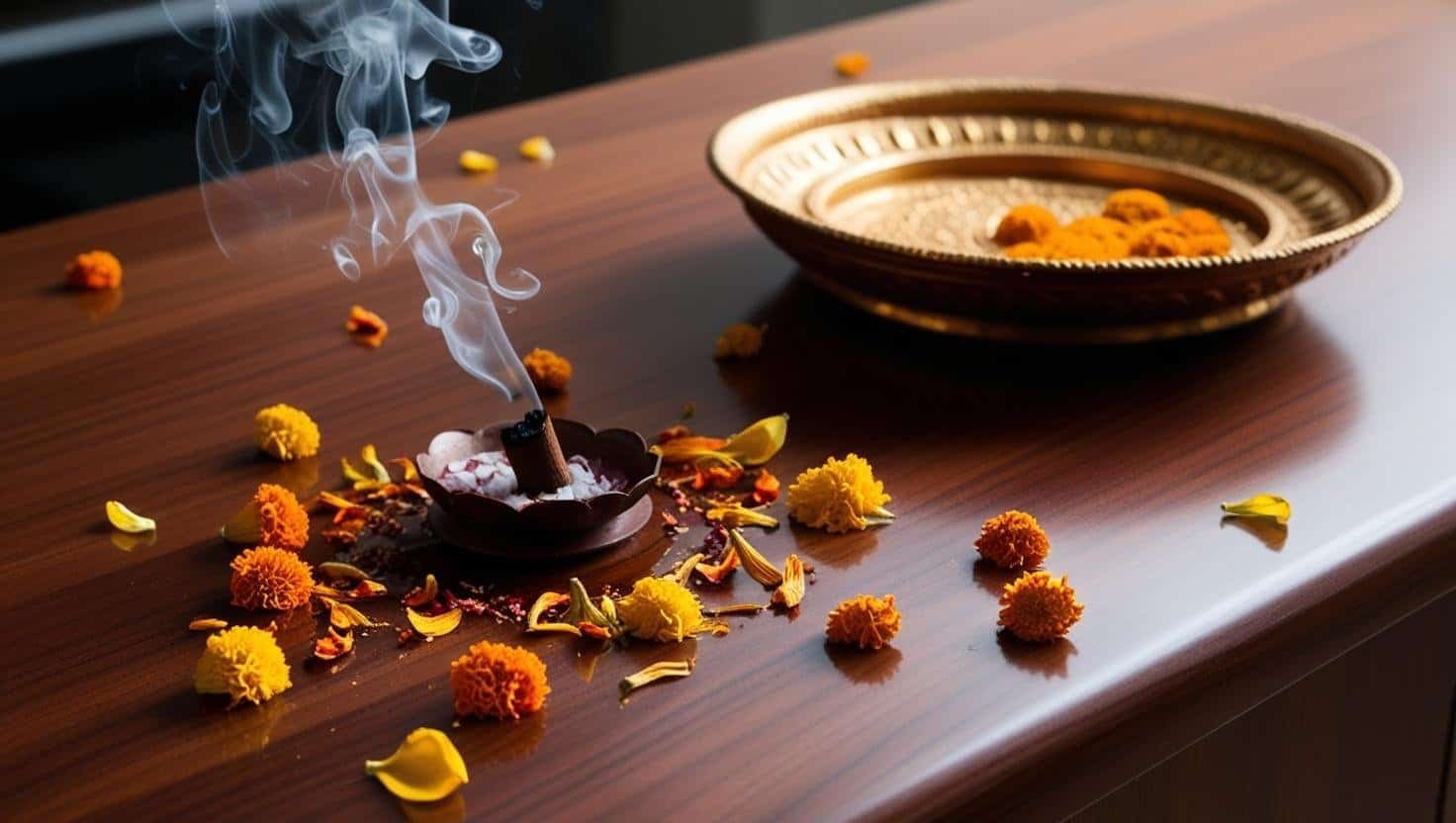 WOOden counter top with dhoopstick and marigold petals along with a puja thali on the side