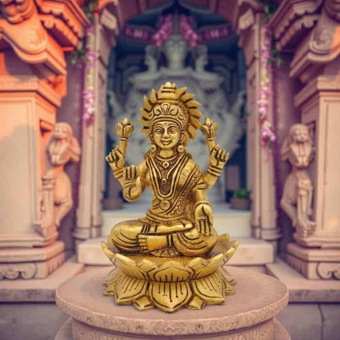 Swayambhu Handcrafted 100% Brass Goddess Lakshmi Idol on Lotus ll 5 in - Image 2