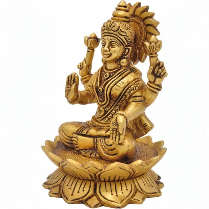 Swayambhu Handcrafted 100% Brass Goddess Lakshmi Idol on Lotus ll 5 in - Image 3