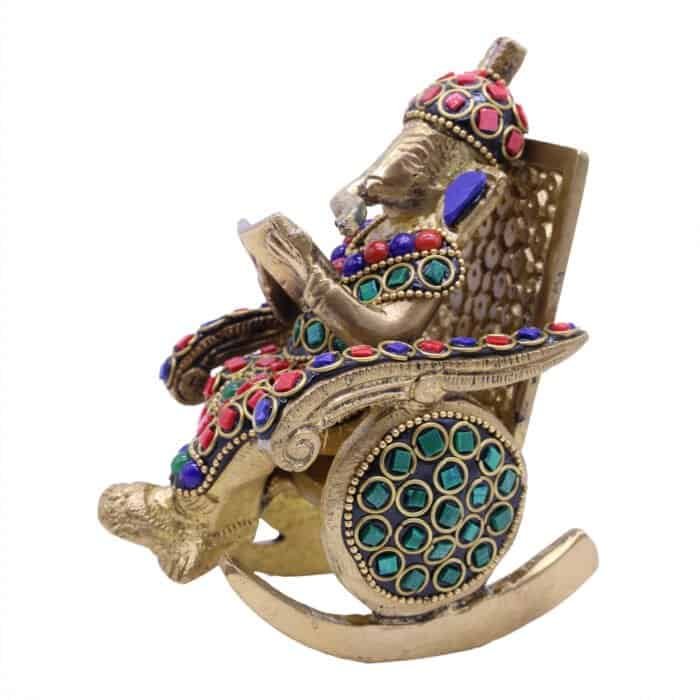 Brass Ganesha with Colorful Stones on a rocking chair for Home/ Office/ Gifting - Image 2