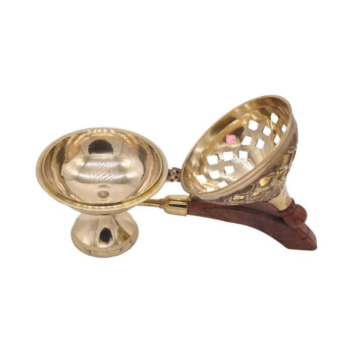 Brass Dhoop Daan with Lid & Wooden Handle for Puja/ Temple - Image 2