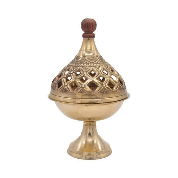 Brass Dhoop Daan with Lid & Wooden Handle for Puja/ Temple - Image 3